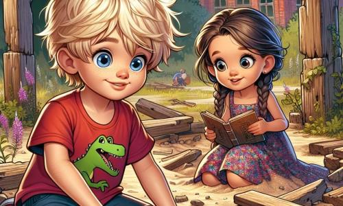 Ein fünfjähriger Junge, Max, mit zerzausten blonden Haaren und großen, strahlend blauen Augen, gräbt im Sand eines alten Spielplatzes. Er trägt ein rotes T-Shirt mit einem Dinosaurier-Motiv und eine blaue Shorts. Neben ihm beobachtet seine beste Freundin Mia, ein fünfjähriges Mädchen mit geflochtenen braunen Haaren in einem bunten Blumenkleid, aufmerksam ein altes Buch, das sie in den Händen hält, mit einem neugierigen Lächeln auf ihrem Gesicht. Der Ort ist ein ehemaliger Spielplatz, umgeben von großen Bäumen mit glänzend grünen Blättern, mit abgenutzten Holzspielgeräten und wilden Blumen, die zwischen den Brettern wachsen. Im Hintergrund sieht man eine alte Schule mit roten Ziegelmauern, die der Umgebung ein Hauch von Geheimnis verleiht. Die Hauptsituation zeigt Max und Mia bei ihrer Suche nach Hinweisen, um den versteckten Schatz zu entdecken. Max hockt sich und gräbt im Sand, während Mia neben ihm steht und das Buch nach Hinweisen durchsucht, beide in ihr abenteuerliches, neugieriges und enthusiastisches Spiel vertieft.