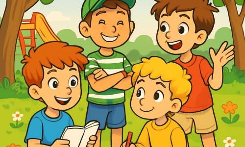 Es gibt vier Kinder: Max, ein 11-jähriger Junge mit leuchtend roten Haaren, sitzt auf dem Gras, lächelt und hält ein Notizbuch in den Händen. Leo, ebenfalls 11, steht neben Max mit kurzen braunen Haaren, trägt eine grüne Mütze und ein gestreiftes T-Shirt, und hat ein breites Lächeln. Finn, ein 11-jähriger Junge mit lockigem blondem Haar, sitzt im Schneidersitz auf dem Gras, hält einen Bleistift und schaut aufmerksam zu Max. Tim, auch 11, steht mit braunen Haaren, trägt ein rotes T-Shirt und eine beigen Shorts und gestikuliert begeistert vor Finn. Die Szene spielt in einem grünen Park, umgeben von großen Bäumen und bunten Blumen, mit einem Rutschen und Schaukeln im Hintergrund. Die vier Freunde diskutieren fröhlich über ihre Entdeckungen zur Vielfalt und den einzigartigen Talenten jedes Einzelnen, mit begeisterten und neugierigen Gesichtsausdrücken, die die Bedeutung der Feier ihrer Unterschiede zeigen.