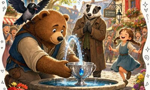 Hoofdpersonage: een grote antropomorfe bruine beer (realistisch teddytype) met ronde zachte gelaatstrekken, knielend aan een stenen fontein terwijl hij een zilveren beker met een grote blauwsteen in het water zet; de steen gloeidt zacht en schiet een fonkelende waterboog omhoog die de kleuren van bloemen en huizen verzadigt. Bijfiguren: een zwart-grijze ekster (Noor) met glanzende veren en ondeugende opgeluchte blik op zijn schouder, licht fladderend; een oude das in versleten mantel achter de fontein met gevouwen handen en dankbare blik; een meisje met twee vlechtjes en een rood springtouw rechts vrolijk springend en lachend. Plaats: klein, geplaveid dorpsplein met gebeeldhouwde stenen fontein, leien daken, gekleurde luiken, felle bloembakken, heldere lucht en zonnestralen door bomen; dorpelingen kijken vol verwondering.