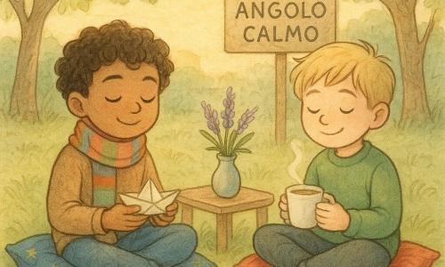 Ci sono 2 personaggi principali: - Un ragazzo di nome Leo, di 8 anni, con capelli castani ricci e occhi marroni. Indossa una sciarpa colorata intorno al collo e tiene una piccola barca di carta nelle mani. È seduto su un cuscino blu con motivi di stelle dorate. - Un ragazzo di nome Marco, anch'egli di 8 anni, con capelli biondi e occhi azzurri. Indossa un maglione verde e tiene una tazza di tisana fumante. È seduto accanto a Leo su un cuscino rosso. Il luogo è un angolo di parco trasformato in 