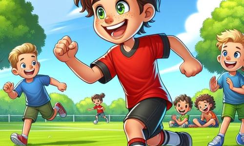 Un giovane ragazzo, Marco, di circa 12 anni, è al centro dell'immagine. Ha i capelli castani disordinati, un sorriso luminoso e occhi brillanti di eccitazione. Indossa una maglietta da calcio rossa con pantaloni neri e sta dribblando un pallone su un campo verde, mostrando la sua passione per il gioco. Accanto a lui, Luca, un altro ragazzo di 10 anni, osserva con ammirazione. Ha i capelli biondi e lentiggini sul viso. Indossa una maglietta blu e pantaloni verdi, applaudendo gioiosamente, incoraggiato dall'energia di Marco. Sullo sfondo, un gruppo di bambini di circa 10-12 anni gioca sullo stesso campo, ridendo e divertendosi, alcuni cercando di recuperare il pallone, mentre altri si sistemano sull'erba per guardare la partita improvvisata. Il luogo è un parco soleggiato, con alberi verdi che circondano il campo da calcio. Il cielo è blu con alcune nuvole bianche e l'erba è di un verde brillante, creando un'atmosfera gioiosa e vivace. La scena principale mostra Marco in azione, dribblando il pallone con entusiasmo, mentre i suoi amici lo incoraggiano, illustrando lo spirito di squadra e la passione per il calcio che li unisce.
