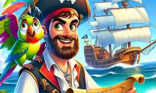 Kapitein Karel is een man van ongeveer dertig jaar, met een bruine baard en sprankelende ogen vol vastberadenheid. Hij draagt een piratenhoed versierd met een gekleurde veer en een witte blouse met een rode vest. Hij staat trots op het dek van zijn schip, De Blije Zeiler, met een schatkaart in zijn hand en een grote glimlach van opwinding. Naast hem zit Polly, een kleurrijke papegaai en trouwe vriendin. Ze heeft stralend groene veren en een felgele snavel. Ze zit op Karel's schouder, kijkt nieuwsgierig naar de kaart en laat blije kreten horen. De scène speelt zich af op het dek van een prachtig piratenschip, met witte zeilen die in de wind wapperen en een glinsterende blauwe oceaan op de achtergrond. Zachte golven breken tegen de romp van het schip, terwijl de lucht helder en zonnig is, wat een avontuurlijke sfeer creëert. De belangrijkste situatie toont Kapitein Karel en Polly die een schatkaart ontdekken, klaar om op avontuur te gaan om een oud magisch artefact te vinden dat verborgen is op een mysterieuze eiland.