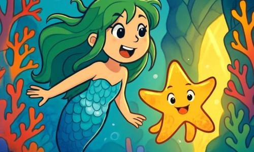 Una sirena di nome Sirenella, con lunghi capelli di alghe verdi e squame scintillanti di blu e argento, nuota gioiosamente in una foresta di coralli multicolori. Il suo viso esprime una curiosità vivace, con occhi brillanti come stelle. Accanto a lei, una piccola stella di mare di nome Lulù, con braccia a forma di tentacoli e un sorriso birichino, salta felice nell'acqua, illuminando l'ambiente con la sua luce dolce. Il paesaggio è una foresta sottomarina vibrante, con coralli a forma di alberi che si ergono verso la superficie, punteggiati di bolle scintillanti che fluttuano nell'acqua chiara. Sirenella e Lulù stanno scoprendo l'ingresso di un canyon misterioso, dove una luce splendente filtra tra le rocce, risvegliando la loro curiosità e il loro senso di avventura.