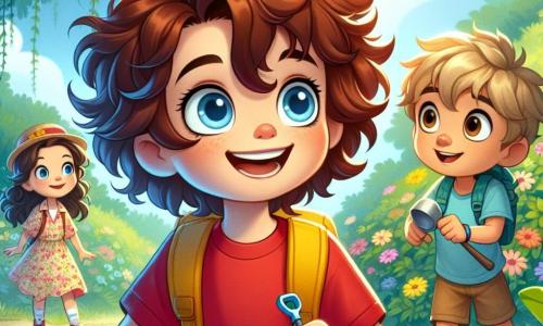 In the center of the image, a 9-year-old girl named Lily, with curly, tousled chestnut hair, is wearing a bright red t-shirt and a small yellow backpack. Her face radiates excitement and curiosity, her sparkling blue eyes full of adventure as she holds a treasure map, leaning forward with a big smile. Next to her is a 10-year-old boy named Max, with messy blond hair and a blue t-shirt, looking at Lily with admiration. He holds a small plastic shovel, ready to help in their quest. A bit further back, Emma, a 9-year-old girl with smooth brown hair, dressed in a colorful floral dress, watches the scene with wonder while holding an adventure book she just found. The setting is a secret garden filled with vibrant flowers and large trees with lush green leaves. In the center, an ancient stone fountain, adorned with ivy, sparkles in the sunlight, surrounded by colorful butterflies dancing in the air. The main scene shows Lily, Max, and Emma discovering a treasure chest hidden under a bush, their faces lit up with surprise and joy as they prepare to open it together, eager to uncover the wonders inside.