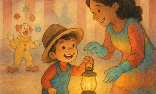 Un niño de 6 años, Lolo, con una gran sonrisa y ojos brillantes, lleva un sombrero demasiado grande para él y zapatos que hacen 
