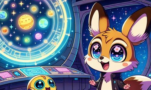 Luna, ein kleines Eichhörnchen mit funkelnden Augen und braunem, seidigem Fell, steht im Zentrum eines riesigen Raumschiffs. Sie sieht erstaunt und ein wenig überrascht aus, ihre kleinen Pfoten erhoben, als wäre sie bereit zu erkunden. An ihrer Seite lächelt Ribo, ein gelber Roboter mit runden Formen und leuchtenden Augen, freundlich. Er zeigt einen holographischen Bildschirm, der farbenfrohe Bilder von Sternen und Planeten projiziert, während seine beweglichen Arme auf die Wunder des Universums deuten. Das Raumschiff ist mit funkelnden Lichtern, blinkenden Knöpfen und glänzenden Metallwänden gefüllt. Runde Fenster geben den Blick auf einen sternenübersäten Himmel mit bunten Galaxien und schießenden Kometen frei. Luna und Ribo bereiten sich darauf vor, das Rückkehrportal zu aktivieren, umgeben von einer Atmosphäre der Aufregung und Neugier, bereit, die Geheimnisse des Universums zu entdecken, bevor sie nach Hause zurückkehren.