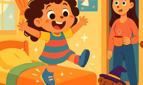Uma menina de 4 anos, Maricota, com grandes olhos brilhantes e cabelos cacheados bagunçados, veste roupas coloridas e meias diferentes. Ela salta de alegria na cama, com um sorriso radiante no rosto, enquanto brilhos de luz cintilam ao seu redor. Sua mãe, uma mulher na casa dos trinta anos com cabelos longos e lisos, entra na sala com as sobrancelhas franzidas e uma expressão surpresa, segurando uma xícara de café fumegante. Ela fica perto da porta, observando a cena com espanto. O quarto de Maricota está cheio de brinquedos espalhados, pelúcias coloridas e pôsteres de unicórnios nas paredes. A luz do sol passa pelas cortinas, criando uma atmosfera acolhedora e mágica. Nesta cena, Maricota descobre que seus novos sapatos mágicos fazem todos os objetos do quarto dançarem, transformando sua cama em um trampolim e seu ursinho de pelúcia em um personagem divertido com um chapéu de bruxa.