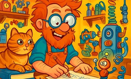 Um homem inventor, Tonico, com uma barba desgrenhada e óculos deformados, está sentado em um banquinho de madeira em seu ateliê alegre e caótico. Ele tem um olhar determinado e um sorriso travesso, cercado por gadgets excêntricos. Molas coloridas, ferramentas espalhadas e máquinas estranhas preenchem o espaço. Ao lado dele, seu gato, o Sr. Fios-de-Cobre, um grande gato tigrado com olhos verdes brilhantes, está deitado em uma pilha de livros, observando seu mestre com curiosidade. O ateliê é repleto de cores vivas, com paredes pintadas de amarelo brilhante, prateleiras de madeira transbordando de peças soltas e um teto onde pendem lâmpadas em forma de nuvens. Nesta cena, Tonico está desenhando planos para sua invenção, com um grande sorriso no rosto, enquanto o gato parece intrigado com um pequeno robô dançando na mesa, adicionando um toque de magia a esse momento de criatividade.