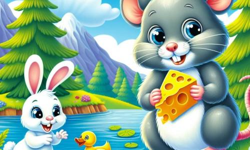 Um ratinho fofo, com pelagem cinza e olhos brilhantes de curiosidade, está à beira de um lago, parecendo surpreso e feliz, segurando um pedaço de queijo com suas pequenas patas. Ao seu lado, uma coelhinha elegante com grandes orelhas e pelagem branca, sorridente, observa o rato com entusiasmo, pronta para ajudá-lo em sua busca. Um majestoso pinheiro verde se ergue ao fundo, enquanto um pato amarelo, flutuando na água, observa o rato com um olhar divertido, segurando o queijo que encontrou. O céu é azul com algumas nuvens fofas, e flores coloridas cercam a margem, adicionando um toque de magia a esta cena alegre onde os amigos se reúnem em torno de um delicioso queijo.