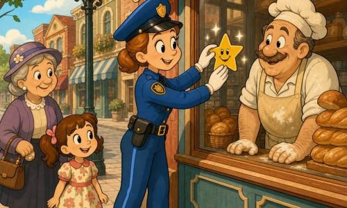 A smiling, kind policewoman with light brown hair in a bun, wearing a bright blue uniform and shiny badge, places a yellow star-shaped 