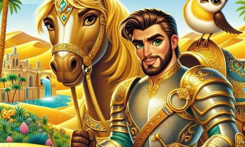 In the center of the image, Sir Bramble, a tall and muscular man, stands proudly, his armor shining under the desert sun. His determined face features bright eyes full of courage and a well-groomed beard. He rests a hand on the harness of his faithful horse Nimbus, a majestic steed with a golden mane, ready to gallop. Beside him, the Sand Sparrow, a small bird with shimmering feathers, joyfully flies around Sir Bramble, its eyes sparkling with mischief as if giving him advice. In the background, the Oasis of Eldoria appears, an enchanting place with lush palm trees, colorful flowers, and a crystal-clear spring glistening in the sun. The golden desert sand surrounds the oasis, creating a striking contrast between the desert's heat and the water's coolness. The scene depicts the moment when Sir Bramble, ready to face the Sand Serpent, stands courageously before the magical spring, determined to fulfill his heroic quest to protect his kingdom.