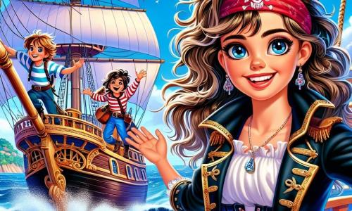 Kapitan Kasia, odważna piratka w wieku około 30 lat, dumnie stoi na pokładzie swojego statku "Srebrna Mewa". Ma długie, falujące włosy upięte w czerwoną chustę i nosi czarny płaszcz ozdobiony złotymi detalami. Jej twarz wyraża determinację i podekscytowanie, a szeroki uśmiech rozświetla jej błyszczące oczy. Obok niej młody Filip, 10-letni chłopiec, z zwinnością wspina się na maszt statku, z rękami otwartymi jakby latał, a jego twarz promienieje radością. Na dole Basia, 8-letnia dziewczynka, radośnie śpiewa grając na gitarze, jej blond włosy powiewają na wietrze, dodając atmosferze magii. Miejsce to rozległy niebieski ocean, usiany migoczącymi falami pod słonecznym niebem, z zielonymi wyspami na horyzoncie. Statek, z białymi żaglami napełnionymi wiatrem, majestatycznie wznosi się na falach. Główna sytuacja przedstawia załogę "Srebrnej Mewy" w trakcie przygody, gotową do żeglugi w kierunku tajemniczej wyspy, pełną entuzjazmu i nadziei, podczas gdy wiatr dmucha w ich żagle, a kolorowe ptaki latają wokół nich.