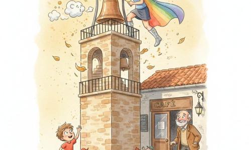 Heroína Stella Brío, sonrisa suave y concentrada, capa arcoíris ondeando, botas plateadas, cabello corto salpicado de estrellas, limpiando con una pequeña brocha una gran campana de cobre en una torre; niño de unos 6 años, pelo castaño alborotado, camiseta roja, sentado en un banco de la plaza mirando la torre con ojos maravillados; anciano de unos 70 años, barba gris y chaqueta marrón, apoyado en un bastón frente a la puerta de un café, sonriendo y esperando; grupo de pequeñas ratitas con sombreros coloridos haciendo fila en la base de la torre, gestos traviesos y tiernos; una nubecilla blanca juguetona cerca de la cima sopla una brisa suave; torre de piedra beige cálida con escalera de caracol y baranda de hierro negro, hojas doradas y polvo en el alfeizar, luz dorada del atardecer iluminando la escena; escena principal: la heroína pule la campana con gestos calmados y coloca una pequeña luz en forma de corazón, la plaza sonríe y espera, ambiente cálido en tonos pastel con toques plateados.