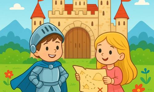 A young knight, an 8-year-old boy, stands proudly in front of the grand castle gate. He wears shiny armor and a long blue cloak that gently flows in the wind. His face is lit up by a determined smile, his eyes sparkling with excitement. Beside him is a little girl, his best friend, aged 7, with long blonde hair and a pink dress, holding a treasure map and looking at the knight with admiration. The setting is a magnificent stone castle with tall towers and fluttering flags, surrounded by a colorful garden filled with vibrant flowers. In the distance, majestic mountains rise under a clear blue sky. The main scene shows the knight and his friend ready for adventure, examining the map with curiosity, eager to discover the hidden treasure that awaits them beyond the castle walls.