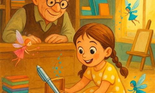 A radiant, curious 6-year-old girl with big bright eyes and chestnut hair in two braids wears a yellow polka-dot dress and red boots; she crouches smiling, holding an open box revealing a silver pen. Mr. Whiskers, about 70, with a lined face, round glasses, tousled gray hair and a brown vest, stands behind the counter to the left with his hands on it, watching her tenderly. Two tiny nonhuman stationery fairies with translucent wings and glittery paper dresses flutter near a shelf, leaving sparkling drops of colored ink. The cozy stationery shop has wooden shelves of rainbow pencils, shiny notebooks and sparkling paper, a drawing table with a wooden easel and a large window with a warm sunbeam. The main scene shows the joyful discovery of the missing pen behind the easel, the open box on the floor, a cyan ink trail leading to the treasure, bright vivid colors and visible gouache textures, and a gentle, magical detective atmosphere.