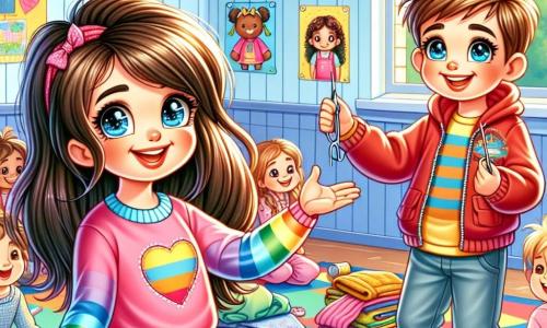 An 8-year-old girl, Maya, with long brown hair and sparkling curious eyes, stands in front of a colorful hand-painted box filled with clothes and food. She has a warm and determined smile, arms open as if to welcome those in need. Next to her, an 8-year-old boy, Ben, with messy blonde hair and a red sweater, holds a needle and thread, ready to mend a coat. They are in a bright classroom decorated with children's drawings and colorful posters about helping others. The main scene shows Maya and Ben happily chatting with other children, all engaged in a collection project to assist families in need, with faces shining with hope and solidarity.
