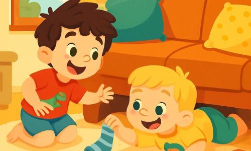 Há 2 personagens principais: - Lucas: um menino de 6 anos, com cabelos castanhos bagunçados e olhos brilhantes. Ele usa uma camiseta vermelha com um dinossauro e um short azul. Ele está agachado, rindo, com uma mão estendida em direção ao sofá. - Pedro: um menino de 5 anos, com cabelos loiros e bochechas redondas. Ele usa uma camiseta amarela com um super-herói e uma calça verde. Ele está deitado de barriga para baixo, olhando sob o sofá com um grande sorriso. O local é uma sala aconchegante, com um grande sofá macio, almofadas coloridas espalhadas e um tapete suave no chão. Há brinquedos espalhados, livros empilhados e uma luz suave entrando pela janela. A situação principal mostra Lucas e Pedro em uma caça ao tesouro, procurando objetos divertidos sob o sofá. Eles riem juntos, descobrindo uma velha meia, e sua alegria é contagiante.