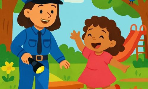 Uma policial sorridente, Ana, está em pé em um parque verdejante. Ela usa um uniforme azul-vivo, um chapéu de policial e segura uma lanterna na mão. Seu rosto irradia bondade e determinação. Ao lado dela, uma menina de 6 anos chamada Rita, com cabelos cacheados e um vestido rosa, olha para seu ursinho de pelúcia com olhos brilhantes de alegria. Rita está pulando de felicidade, com os braços levantados. O parque está cheio de árvores majestosas, flores coloridas e um grande escorregador vermelho. Pássaros cantam nos galhos, acrescentando um toque alegre à atmosfera. A cena principal mostra Ana e Rita, de mãos dadas, procurando o ursinho perdido debaixo de um banco. Ana se agacha com um sorriso encorajador, enquanto Rita aponta com empolgação para o lugar onde acha que o ursinho pode estar escondido.