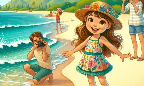 Uma menina de 6 anos, chamada Ana, com longos cabelos castanhos e olhos brilhantes de curiosidade, está na praia do Havai, de braços abertos e um grande sorriso no rosto, expressando alegria e admiração. Ela usa um maiô colorido com estampas de flores e sandálias de plástico. Ao lado dela, sua mãe, uma mulher na casa dos trinta anos com cabelos castanhos e um chapéu de palha, tira fotos com uma câmera, rindo e incentivando a filha a se divertir. Um pouco mais longe, seu pai, um homem na casa dos trinta anos com uma barba leve e óculos de sol, constrói um castelo de areia, concentrado mas sorrindo, olhando para a filha com orgulho. A cena acontece em uma praia de areia dourada, cercada por palmeiras verdes que balançam suavemente ao vento. A água turquesa do oceano brilha sob o sol, e ondas suaves lambem a costa, criando uma atmosfera de férias alegres. Ana, cheia de energia, corre em direção às ondas, pronta para mergulhar na água fresca, enquanto crianças brincam ao seu redor, criando um clima de felicidade e aventura de verão.