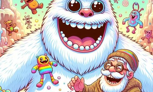Un Yeti uriaș, cu blana albă ca zăpada, cu ochi strălucitori și rotunzi, râde cu poftă, gura lui mare arătând dinți albi. Poartă o pălărie amuzantă cu clopoței care îi cade pe ureche. Lângă el, un bărbat în vârstă de aproximativ 50 de ani, cu fața acoperită de păr zburlit și ochelari rotunzi, observă cu un zâmbet admirativ, ținând o cutie mică plină cu gadgeturi ciudate. Se află în centrul unei grote vaste cu pereți strălucitori, decorați cu stalactite multicolore care strălucesc ca bomboanele. Scena îi arată pe Yeti și inventator râzând împreună, înconjurați de creaturi amuzante care dansează și plutesc în aer, creând o atmosferă veselă și festivă.