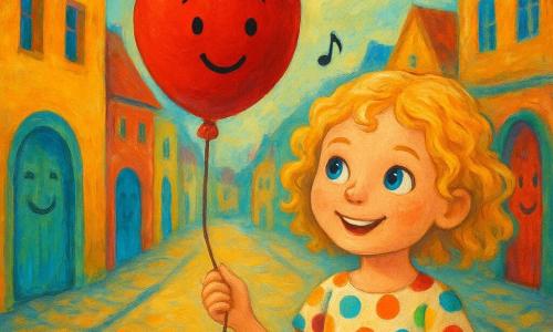 Ein sechsjähriges Mädchen namens Amelie, mit lockigen blonden Haaren und funkelnden Augen, hält einen leuchtend roten Ballon in ihrer Hand. Sie hat ein staunendes Lächeln und trägt ein bunt gepunktetes Kleid. Neben ihr schwebt fröhlich ein roter Ballon namens Herr Pustekuchen, mit einem kleinen Gesicht darauf gemalt und einem Etikett an einer Schnur befestigt. Der Ballon wirkt lebendig und freundlich. Im Hintergrund eine magische und farbenfrohe Straße, die 