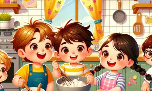 En una cocina luminosa y colorida, Lucas, un niño de tres años con cabello castaño desordenado y una gran sonrisa, mezcla alegremente ingredientes en un gran bol. A su lado, Tomás, otro niño de tres años con cabello rubio y ojos brillantes, sostiene una cuchara de madera, listo para ayudarlo. Carla, una niña de tres años con cabello negro trenzado y un bonito delantal rosa, decora la mesa con globos coloridos y dibujos hechos a mano. Mateo, un niño de tres años con cabello castaño y gafas, está sacando un pastel dorado del horno, su rostro radiante de orgullo. La cocina está llena de colores vivos: paredes amarillas, cortinas con estampados de frutas y una mesa de madera cargada de ingredientes como harina, chocolate y huevos. Los niños están concentrados en preparar un delicioso pastel para el Día del Padre, riendo y divirtiéndose juntos, creando un ambiente alegre y festivo.
