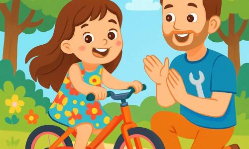 Una niña de 6 años, con largos cabellos castaños y ojos brillantes de alegría, está sentada en una bicicleta brillante, sonriendo y llena de orgullo. Lleva un vestido de flores coloridas y sandalias amarillas, y sus mejillas están sonrojadas por la emoción. A su lado, su papá, un hombre de unos 30 años, con cabello castaño y una barba ligera, la mira con una sonrisa alentadora, sosteniendo una herramienta en la mano. Están en un parque verde, rodeados de majestuosos árboles y flores brillantes, bajo un cielo azul claro con nubes blancas. La niña pedalea alegremente, descubriendo la sensación de libertad, mientras su papá la aplaude, creando una atmósfera de felicidad y confianza.