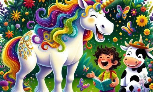 Eine wunderschöne Einhorn namens Luna steht im Mittelpunkt der Szene. Sie hat eine schimmernde Regenbogenmähne, einen funkelnden weißen Körper und einen fröhlichen Blick mit schelmischen Augen. Luna lacht, ihre goldenen Hufe leicht erhoben, als wäre sie bereit, in einen fröhlichen Tanz zu springen. Neben ihr steht ein etwa 8-jähriger Junge namens Felix, der ein buntes T-Shirt und Shorts trägt. Er hat zerzauste braune Haare und ein breites Lächeln im Gesicht, während er ein kleines Heft voller Witze hält. Er steht etwas zurückgezogen und erzählt Luna einen Witz mit lebhaften Gesten. Etwas weiter entfernt sitzt eine lustige Kuh namens Berta mit einem bunten Hut auf dem Kopf und lacht herzhaft. Sie hat schwarz-weiße Flecken und runde, schelmische Augen und sitzt auf dem grünen Gras, umgeben von leuchtenden Blumen. Die Szene spielt in einem wunderschönen verzauberten Garten, der voller bunter Blumen, funkelnder Bäume und eines klaren Baches ist, der sich durch die Landschaft schlängelt. Schmetterlinge tanzen in der Luft und verleihen der Umgebung einen Hauch von Magie. Die Hauptsituation zeigt Luna und Felix, die gemeinsam Witze erzählen und lachen, während Berta sich ihnen anschließt und eine Atmosphäre der Freude und Kameradschaft an diesem märchenhaften Ort schafft.