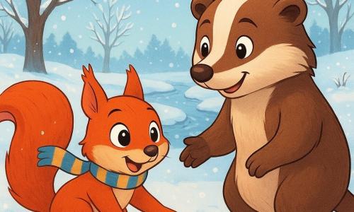 Ein kleiner, leuchtend roter Eichhörnchen namens Fiete, mit großen, funkelnden Augen vor Aufregung, steht auf einem verschneiten Weg und wühlt mit seinen kleinen Pfoten im glitzernden Schnee. Er trägt einen gestreiften Schal, der leicht im kalten Wind weht, und sein Gesichtsausdruck ist sowohl neugierig als auch fröhlich. Neben ihm schaut ein dicker, brauner und weicher Dachs namens Bruno mit einem wohlwollenden Lächeln auf Fiete, seine Augen strahlen Weisheit aus. Er steht fest auf seinen Hinterbeinen und ist bereit, seinem Freund zu helfen. Im Hintergrund erstreckt sich eine bezaubernde Winterlandschaft: majestätische Bäume mit kahlen, frostbedeckten Ästen und ein halb gefrorener kleiner Bach, der sanft unter dem Eis murmelt. Sanfte Schneeflocken fallen vom hellblauen Himmel und verleihen der Szene einen magischen Touch. Die Hauptsituation zeigt Fiete und Bruno, die zusammen den verschneiten Weg erkunden, wobei Fiete leicht über eine Eisplatte stolpert, während Bruno ihm eine Pfote reicht, um ihm aufzuhelfen, was Freundschaft und Solidarität im Winter veranschaulicht.
