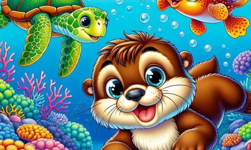 In het midden van de afbeelding zwemt een jonge otter genaamd Finn, met een glanzende bruine vacht en nieuwsgierige ogen, enthousiast in een turquoise zee. Hij heeft een brede glimlach en zijn kleine zwemvliezen bewegen het water om hem heen. Rechts van hem observeert een oude zeeschildpad, met een schild versierd met kleurrijke koralen, Finn met een wijze en vriendelijke blik. Ze lijkt geamuseerd en haar ogen zijn geknepen van een zachte glimlach terwijl ze langzaam aan de oppervlakte drijft. Links springt een kleine, kleurrijke kogelvis vrolijk uit het water. Hij ziet er ondeugend en gelukkig uit, klaar om met Finn te spelen. De achtergrond toont een prachtig koraalrif, vol met kleurrijke koralen, golvende waterplanten en tropische vissen die op de achtergrond zwemmen, wat een levendige en bruisende sfeer creëert. Finn verkent zijn onderwateromgeving, verwonderd door de verborgen schatten van het rif, terwijl zijn vrienden hem aanmoedigen om de wonderen van de oceaan te ontdekken.