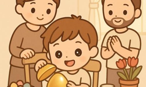 Bambino di 6 anni, volto rotondo, capelli castano chiaro a ciocche morbide, occhi grandi e brillanti, sorriso meravigliato, seduto al tavolo di legno mentre solleva delicatamente il coperchio di un grosso uovo dorato; mamma (30–35 anni) con capelli castani raccolti a chignon, sorriso tenero, mano sullo schienale della sedia sinistra, lo guarda con affetto; papà (30–35 anni) con barba lieve e maglietta chiara, in piedi a destra vicino a una finestra, applaude piano con sguardo fiero; cucina calda e semplice, pareti color crema, tavolo chiaro, cesto di vimini con uova colorate, tazze di latte, biscotti a forma di pulcino, vaso di tulipani rossi sul davanzale, luce mattutina soffusa; momento di scoperta: l'uovo dorato si apre rivelando una piccola lettera e un sacchetto di minuscoli semi, atmosfera magica e calma, colori pastello, composizione centrata sul bambino e sull'uovo con i genitori sullo sfondo.