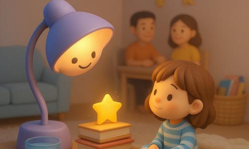La lámpara Lila, una pequeña lámpara de noche antropomórfica color lavanda, ilumina con una sonrisa y inclina su pantalla para que aparezca una minúscula estrella sobre una pila de libros; Nora, niña de tres años en forma de muñeca de plástico con pijama a rayas, está sentada en un cojín en forma de galleta con la estrella en la punta de la nariz; el vaso Azul, un pequeño vaso antropomórfico azul a la izquierda con una gota brillante, sonríe tímidamente; los padres son siluetas desenfocadas al fondo en la mesa; todo ocurre en un rincón de lectura acogedor (alfombra crema, dos cojines, manta ligera, cesto de libros, paredes pastel y guirnalda de estrellas) durante la preparación del iftar al crepúsculo, ambiente cálido y tranquilo.