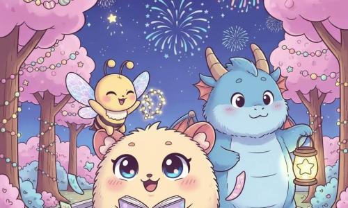 Luno, un piccolo Pufino rotondo e peluche con grandi occhi blu e orecchie a cuore, sorride deciso tenendo un quaderno a pois mentre foglie svolazzanti lo circondano; Lila, una piccola ape-farfalla dalle ali iridescenti, è sulla sua spalla e agita una piccola ghirlanda luminosa; dietro di loro un grande drago azzurro e lanuginoso, bonario e un po' buffo, tiene una lanterna a forma di stella. Lo scenario è il Regno degli Imperfetti trasformato: strade acciottolate grigio chiaro con coriandoli, alberi di marshmallow rosa, ghirlande di caramelle e luci sospese, sopra un cielo notturno di fuochi d'artificio e stelline. Situazione: Luno e gli amici raccolgono foglie di buoni propositi che volano come farfalle, decorano il regno e festeggiano il Capodanno con risate, luci e coriandoli.