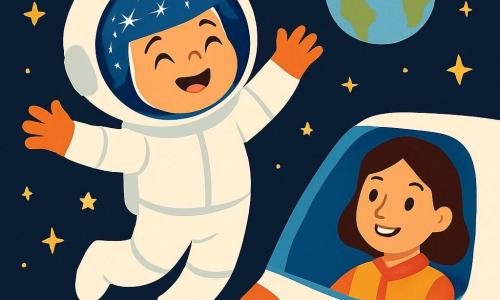 Eine Astronautin, Luna, ist eine Frau mit einem strahlenden Lächeln und funkelnden Augen. Sie trägt einen großen, weichen, weißen Raumanzug, der im Sternenlicht glänzt, und einen runden Helm, der die Konstellationen reflektiert. Sie schwebt fröhlich im Weltraum, die Arme weit geöffnet, als würde sie unter den Sternen tanzen. In der Nähe schaut ihre Mutter, eine warmherzige Frau mit braunen Haaren, stolz auf Luna vom Cockpit des Raumschiffs. Sie ist etwa 30 Jahre alt und trägt einen bunten Pilotenanzug. Der Ort ist ein weites schwarzes All, übersät mit funkelnden Sternen und einer blauen und grünen Erde im Hintergrund, was einen magischen Kontrast schafft. Die Hauptsituation zeigt Luna, die den Sternenhimmel begrüßt, voller Aufregung und bereit, das Universum zu erkunden, während ihre Mutter sie mit einem liebevollen Lächeln anfeuert.