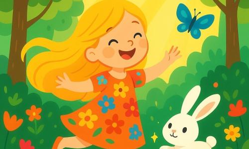 O tânără cu părul lung, auriu și strălucitor ca razele soarelui, dansează vesel într-o pădure fermecată, cu un zâmbet larg pe față. Poartă o rochie ușoară și colorată, împodobită cu flori strălucitoare, iar ochii ei strălucesc de bucurie. Lângă ea, un iepuraș alb, cu urechi mari, sare cu veselie, având ochii rotunzi și curioși fixați pe tânără. Un fulg de lumină sclipitoare o înconjoară, adăugând magie momentului. Mai departe, un fluture albastru cu aripi delicate zboară grațios, iluminând aerul cu culorile sale vii. Scena se desfășoară într-o pădure luxuriantă, unde copacii sunt înalți și măreți, frunzele verzi dansând în vânt. Flori multicolore acoperă solul, iar razele soarelui străbat ramurile, creând sclipiri aurii. Tânăra râde de bucurie învârtindu-se, în timp ce iepurașul și fluturele o înconjoară, creând o atmosferă de fericire și prietenie în acest loc feeric.