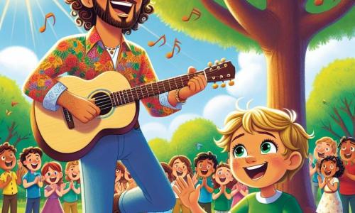 Un uomo di nome Luca, con capelli ricci e castani e un grande sorriso caloroso, sta cantando gioiosamente sotto un grande albero in un parco soleggiato. Indossa una camicia colorata e tiene una chitarra, i suoi occhi brillano di entusiasmo e passione per la musica. Accanto a lui, un ragazzo di nome Marco, di circa 8 anni, con capelli biondi e occhi scintillanti, batte le mani a ritmo, il suo viso irradia felicità e orgoglio. Sono circondati da altri bambini che ballano e applaudono, creando un'atmosfera festosa e gioiosa. Il parco è pieno di fiori colorati e alberi verdi, con un cielo blu chiaro punteggiato da alcune nuvole bianche. La scena rappresenta un concerto improvvisato dove Luca e Marco cantano insieme, condividendo il loro amore per la musica con tutti gli amici riuniti attorno a loro.