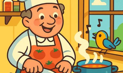 A cheerful chef, a man in his fifties wearing a large white hat and a tomato-patterned apron, smiles enthusiastically while preparing soup in a bright kitchen. His cheeks are rosy and his eyes sparkle with happiness. Next to him, a small colorful bird with yellow and blue feathers perches on the windowsill, curiously watching the chef while singing merrily. The spacious kitchen features pastel yellow walls, shelves filled with colorful spice jars, and a large wooden table with fresh vegetables spread out. Sunlight filters through the windows, bathing the room in a warm glow. In this scene, the chef chops juicy tomatoes while fragrant steam rises from the pot on the stove, creating a welcoming and joyful atmosphere.