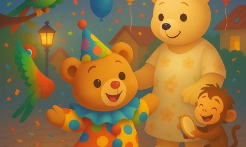 Um pequeno urso de pelúcia castanho-claro (personagem principal), rosto redondo, olhos negros brilhantes, sorriso largo e nariz rosa pintado, veste uma fantasia de palhaço colorida com bolinhas e riscas e chapéu pontudo multicolorido; está alegre e maravilhado, rodopiando de ponta dos pés no centro da cena. Atrás e à direita, uma mãe urso maior de pelo creme, de olhar terno e vestido florido, segura-lhe o ombro, orgulhosa e sorridente. À esquerda, um papagaio verde e vermelho pousado numa rama canta com olhar brincalhão. Ao fundo à direita, um macaco pequeno castanho-claro dança com um tamborim, cabelo desgrenhado e expressão travessa. A praça da vila tem calçamento de lajes redondas, guirlandas de papel, balões vermelhos, amarelos e azuis, confetes no ar e lanternas que espalham luz quente. Situação principal: cena de carnaval alegre e colorida, momento em que o pequeno urso completa seu primeiro rodopio no meio de amigos que aplaudem, atmosfera festiva, movimentos suaves e cores saturadas com texturas lisas em degradê.