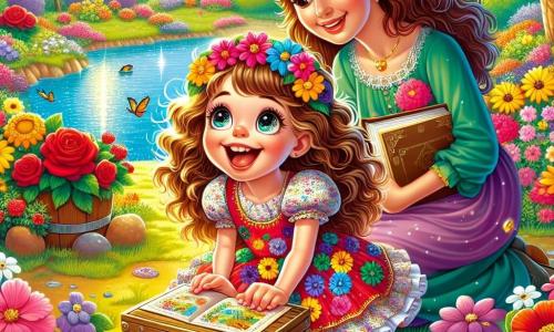 Uma menina de 6 anos, com longos cabelos cacheados e olhos brilhantes de curiosidade, está agachada em um jardim ensolarado. Ela usa um vestido de flores coloridas e um grande sorriso no rosto, mostrando sua empolgação em descobrir um tesouro escondido. Ao lado dela, uma mãe carinhosa, na casa dos trinta anos, com cabelos castanhos e um sorriso suave, a observa com orgulho enquanto segura um livro nas mãos. O jardim está cheio de flores vibrantes, como rosas vermelhas, girassóis amarelos e violetas delicadas, que dançam suavemente ao vento. Ao fundo, um pequeno lago brilha, refletindo o céu azul, e pássaros cantam alegremente nas árvores. A menina, cheia de entusiasmo, descobre uma caixa de madeira decorada com desenhos coloridos, que acaba de abrir, revelando um mapa do tesouro. Seu olhar está maravilhado, e ela parece pronta para partir em uma aventura em busca do tesouro escondido.
