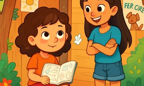 O fetiță de 8 ani, Daria, cu părul castaniu creț și ochii strălucind de curiozitate, stă pe un taburet mic din lemn într-o căbănuță colorată. Are un zâmbet timid, dar hotărât, ținând un caiet plin de desene și cuvinte amestecate. Creioane colorate sunt împrăștiate în jurul ei, iar ea privește cu uimire un fulg de hârtie care plutește în aer. Lângă ea, Anca, o fetiță de 10 ani, cu părul lung și drept, purtând un tricou albastru și o pereche de pantaloni scurți din jeans, o încurajează cu un zâmbet larg. Căbănuța este înconjurată de o vegetație luxuriantă, cu flori colorate și copaci măreți. Interiorul are pereții decorați cu desene de animale și cuvinte vesele, creând o atmosferă caldă și primitoare. Daria, puțin nervoasă, dar plină de curaj, citește cu voce tare prima ei poveste în fața unui mic grup de prieteni care o ascultă cu atenție, fețele lor fiind iluminate de entuziasm și curiozitate.