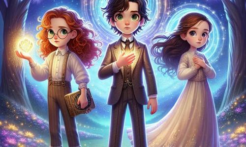 In an enchanted clearing, three friends stand proudly. Mira, a 10-year-old girl with long curly red hair and sparkling green eyes, holds a bright magical crystal in her right hand, her face glowing with determination. To her left is Eli, an 11-year-old boy with messy black hair and glasses, manipulating a shiny gadget, his eyes shining with excitement. On the right, Kira, a 10-year-old girl with smooth brown hair, dressed in a light dress, carefully observes the landscape, a hand on her heart, full of courage. Their environment is a magical forest with shimmering-trunk trees adorned with luminescent flowers emitting a soft light. The sky is dotted with two bright moons, bathing the scene in a purple and golden glow, while a swirling portal of vibrant colors floats in the background, promising extraordinary adventures. The main situation shows the friends preparing to enter the magical portal, a mix of excitement and apprehension on their faces, ready to face new challenges and discover a world where magic and technology intertwine.