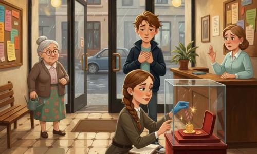 The protagonist is a calm, focused female detective with a neat braid and a light beige coat, holding an open notebook in her left hand and a blue-gloved right hand delicately returning a shiny medal to a red-velvet display case while crouched before a glass showcase; a secondary character, a shameful but relieved 19-year-old boy with tousled hair, dark jacket and white-soled sneakers, stands a few steps behind with hands clenched to his chest as he confesses; a nearby elderly neighbor woman with gray hair in a bun and a floral dress watches kindly from beside a bench holding a small watering can; the building manager, a middle-aged woman with short hair in a pastel blouse, looks upset but relieved behind a reception desk; the scene is set in the hall of an old building with slightly wet beige-and-brown tiled floors, a wooden bulletin board with colorful flyers, warm hanging lights, and a glass entrance showing the rain-soaked street, creating a tense but soothed atmosphere with visible textures (shiny glass, velvet, wet tiles).