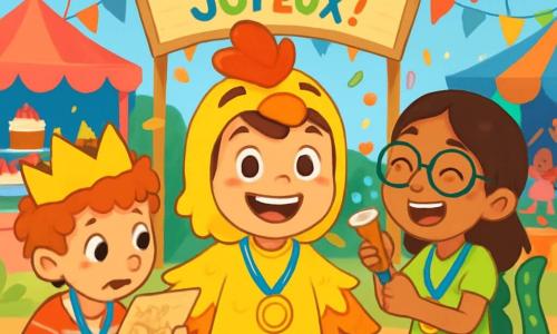 An 8-year-old boy, Bobby, stands at the center of the image, wearing a colorful chicken costume with bright yellow feathers and a big joyful smile. His eyes shine with excitement and happiness. Next to him, an 8-year-old girl, Fatima, wears a sparkling green dragon tail and round glasses, laughing while holding a confetti shaker. An 8-year-old boy, Leo, with curly hair and a cardboard crown, approaches them, holding a treasure map with a curious look. The setting is a vibrant carnival, with colorful booths decorated with garlands and balloons, and children in various costumes dancing and having fun around them. In the background, a large wooden sign painted in bright colors reads "Joyful Carnival!" with party games visible, such as a cupcake stand and a stage where children dance. The main scene shows Bobby, Fatima, and Leo celebrating their victory after finding the hidden treasure, with shiny medals around their necks, surrounded by laughter and joy, illustrating the spirit of friendship and festivity of the carnival.
