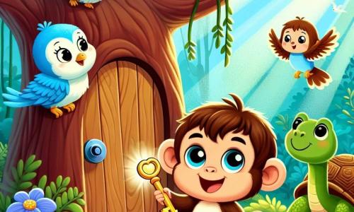 A little monkey named Milo, with brown fur and sparkling curious eyes, stands in front of a small wooden door at the base of a large tree. He has a wide smile, holding a golden key in his hand, ready to discover a magical world. Beside him is a beautiful little blue bird named Bella, with bright feathers and a joyful demeanor, flying around him while singing. Nearby is Leo, a wise turtle with a green shell and gentle eyes, watching the scene with a kind smile. The setting is a lush jungle filled with vibrant green foliage, colorful flowers, and rays of sunlight filtering through the branches. The main scene shows Milo, excited and curious, inserting the key into the door, ready to enter a world full of wonders and adventures.
