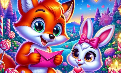 A bright orange fox named Felix, with silky fur and sparkling eyes full of excitement, holds a shimmering pink envelope in his front paws, a wide smile on his face. Next to him is an adorable white bunny named Daisy, with big ears and a pink bow around her neck, looking at Felix with eyes shining with surprise and joy, holding a heart-shaped cupcake in her paws. In the background, an enchanting landscape of the Lolliwood forest, with candy trees, marshmallow flowers, and star-shaped lanterns illuminating the twilight sky. The scene shows Felix handing the letter to Daisy, surrounded by floating rose petals, creating a magical and warm Valentine's atmosphere.