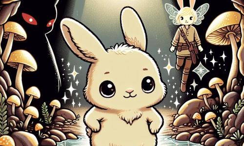An illustration depicts a small rabbit with soft, fluffy cream-colored fur and bright, curious eyes, expressing determination and courage. It stands in the center of a vast underground chamber, surrounded by glowing mushrooms and sparkling pools of water, with a proud posture, ready to face its fears. Nearby, a small glowing spirit resembling a fairy with shimmering wings and a mischievous face observes the rabbit with an encouraging smile, hovering slightly above the ground. In the shadows, a dark, menacing figure with piercing red eyes and an indistinct shape lurks, exuding an aura of threat and fear. The main setting is a mysterious underground chamber filled with phosphorescent mushrooms and reflections in crystal-clear waters, featuring rough stone walls and dancing shadows that create a magical yet unsettling atmosphere. The main situation shows the small rabbit bravely standing before the glowing spirit, prepared to confront the dark figure representing its inner fears, illustrating the moment it decides not to flee but to face the darkness. Additional graphic elements include bursts of light from the mushrooms, shadows cast on the walls, and an ambiance of mystery, with dark colors contrasting with the bright lights of the mushrooms, emphasizing the theme of fear and courage.