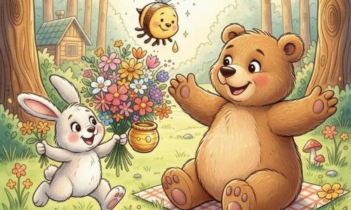Urso de pelúcia pequeno castanho-claro, olhos redondos brilhantes, sorriso, segurando um grande buquê colorido e um potinho de mel dourado; coelhinho branco fofo à esquerda, orechas longas, pulando com algumas flores; abelha listrada voando sobre o mel com uma gota brilhante; mamãe urso maior, pelo mais escuro, emocionada e de braços abertos sentada numa manta; clareira ensolarada numa floresta encantada com relva e flores silvestres, árvores altas e uma casinha desfocada ao fundo; cena de surpresa do Dia das Mães, calorosa e afetuosa, cores pastel, formas simples e arredondadas.