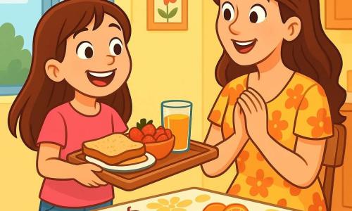 Uma menina de 8 anos, com longos cabelos castanhos e olhos brilhantes de alegria, está em frente a uma mesa decorada com cuidado. Ela usa uma camiseta rosa bonita e um short de jeans, e seu rosto irradia excitação e amor. Ela está apresentando um café da manhã surpresa para sua mãe, com um grande sorriso. Ao lado dela, sua mãe, uma mulher de cerca de 30 anos, com cabelos castanhos e olhos suaves, observa a filha com admiração. Ela veste um vestido leve e colorido, e sua expressão é cheia de ternura e surpresa. A cena acontece em uma cozinha iluminada e acolhedora, com paredes pintadas de amarelo pastel e janelas que deixam entrar a luz da manhã. Na mesa, há frutas frescas, torradas e um copo de suco de laranja, todos dispostos de forma bonita sobre uma bela toalha. A situação principal mostra a menina, cheia de orgulho, oferecendo esse café da manhã surpresa para sua mãe, criando um momento mágico e emocionante entre elas, repleto de risos e amor.