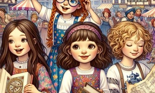En primer plano, cuatro chicas están juntas, cada una con un estilo distinto: Sofía, de 10 años, tiene el cabello largo y castaño y lleva un vestido colorido con estampados de flores, sonriendo entusiasmada mientras sostiene un viejo libro. Clara, de 11 años, tiene trenzas rubias y usa gafas redondas; está inclinada sobre un mapa antiguo, con los ojos brillando de emoción. Valentina, de 10 años, tiene el cabello rizado y lleva una camiseta con dibujos de robots, sosteniendo una pequeña herramienta en la mano, lista para hacer manualidades. Lucía, de 9 años, tiene el cabello castaño y lleva una falda de lunares; mira al cielo con aire soñador, con los brazos cruzados detrás de la cabeza. Las chicas están en una hermosa plaza medieval, rodeadas de edificios de piedra con techos de tejas rojas, con coloridos puestos de frutas y telas a su alrededor, mientras personas con trajes de época se mueven alegremente. La escena principal muestra a las cuatro amigas descubriendo un antiguo reloj dorado, rodeado de un resplandor mágico, listas para una aventura.