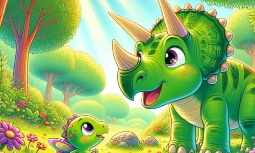 Un triceratops pe nume Dino, cu o piele verde strălucitoare și trei coarne strălucitoare, își exprimă o mare curiozitate în timp ce explorează o poiană colorată plină de flori strălucitoare. Lângă el, sora sa mai mică Luna, o tânără triceratops cu ochi strălucitori și o piele ușor mai deschisă, se uită cu uimire la un mic dinozaur cu aripi colorate, Flappy, care se pregătește să zboare. Scena are loc într-o poiană însorită, înconjurată de copaci mari cu frunze luxuriante, unde razele de soare filtrează prin crengi. Dino și Luna, intrigati, împing o piatră pentru a-l elibera pe Flappy, care le mulțumește cu un zâmbet fericit, creând astfel un moment de prietenie și aventură.